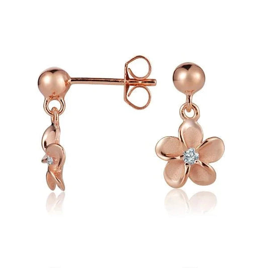 Sterling silver bead and plumeria CZ PG plated earrings, 10mm, featuring floral design and sparkling stones.