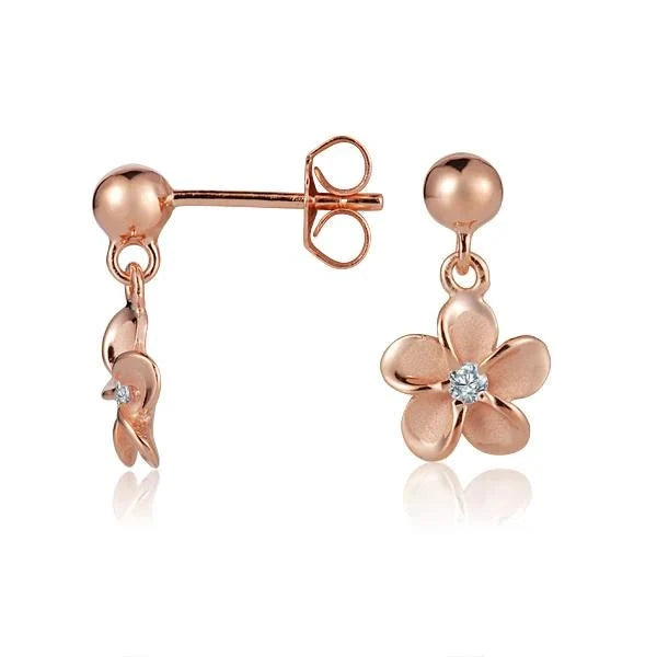 Hawaiian 925 Sterling Silver bead and plumeria CZ plated earring with 10mm size, featuring a floral design and pink plating.