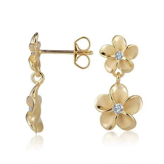 Sterling silver Plumeria CZ earrings in yellow gold plated, 8mm and 10mm sizes, featuring floral design and sparkling stones.