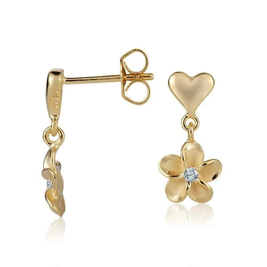 Sterling silver heart and plumeria CZ yellow gold plated earrings, 8mm, with delicate floral and heart design.