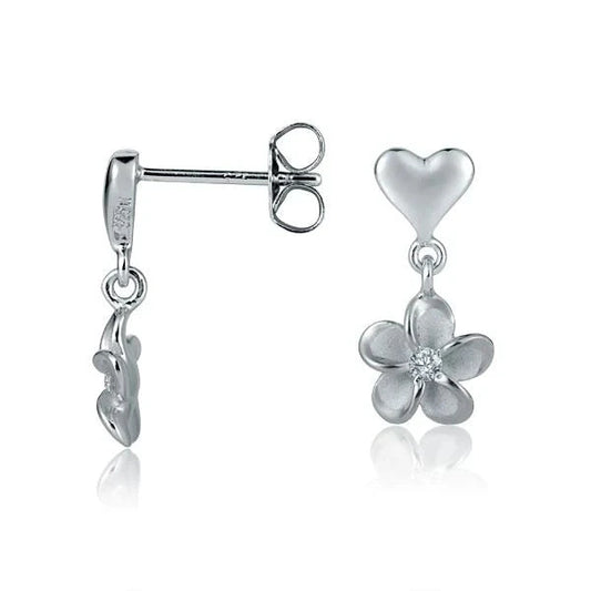Sterling silver Heart and Plumeria CZ Rhodium plated earring, 8mm, featuring a delicate floral and heart design.