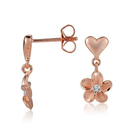 Heart and plumeria CZ PG plated sterling silver earring, 8mm, delicate jewelry with floral and heart motifs.