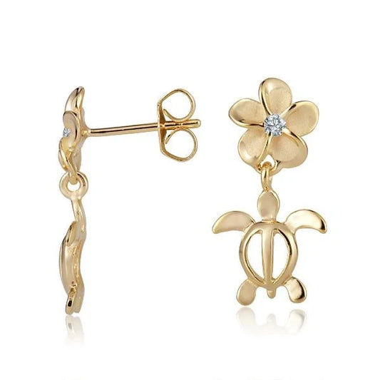 Sterling silver Plumeria Clear CZ Honu YG earring featuring an 8mm design with a Tiki-style Hawaiian fish charm.