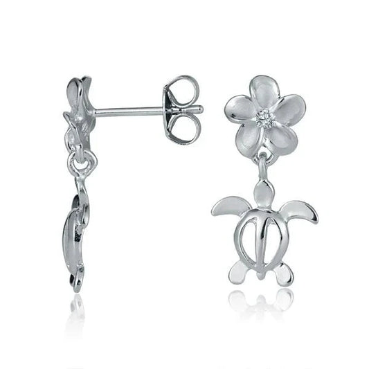 Sterling silver Plumeria Clear CZ Honu Rhod earring featuring an 8mm starfish design, crafted by Ashley's Gift Shop.