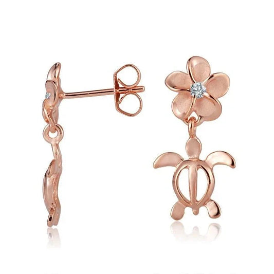 Sterling silver Plumeria Clear CZ Honu PG earring featuring an 8mm turtle design, crafted by Ashley's Gift Shop.