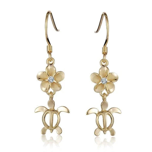 Sterling silver Honu hook earring with yellow gold plating, 8mm size, featuring a turtle design by Ashley's Gift Shop