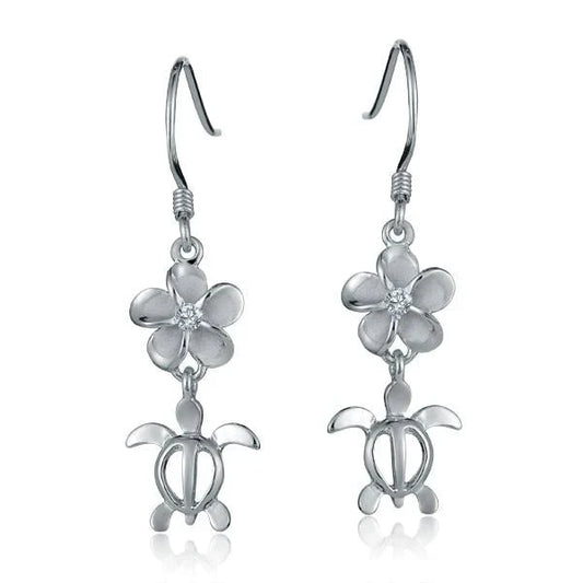 Rhodium plated Honu hook earring in 8mm, made of 925 sterling silver, featuring a tropical turtle design.