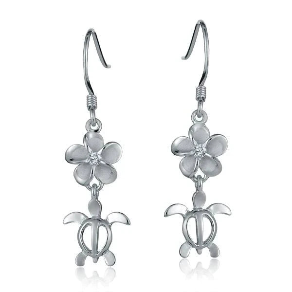 Hawaiian 925 Sterling Silver rhodium plated Honu hook earring in 925 sterling silver, 8mm size, featuring a Hawaiian turtle.