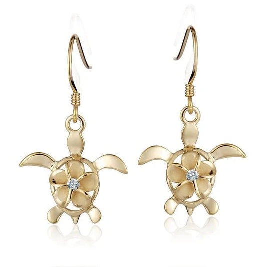 Sterling silver Plumeria CZ Honu YG hook earring, 8mm, featuring colorful gemstone accents and a tropical design.