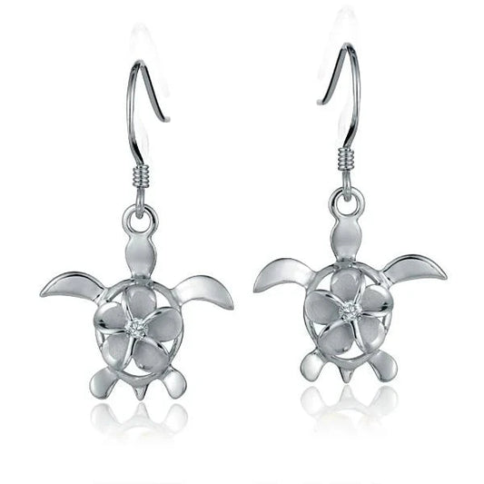 Sterling silver Honu Rhod hook earring with Plumeria CZ, 8mm, featuring a Hawaiian turtle design and floral gemstone detail.