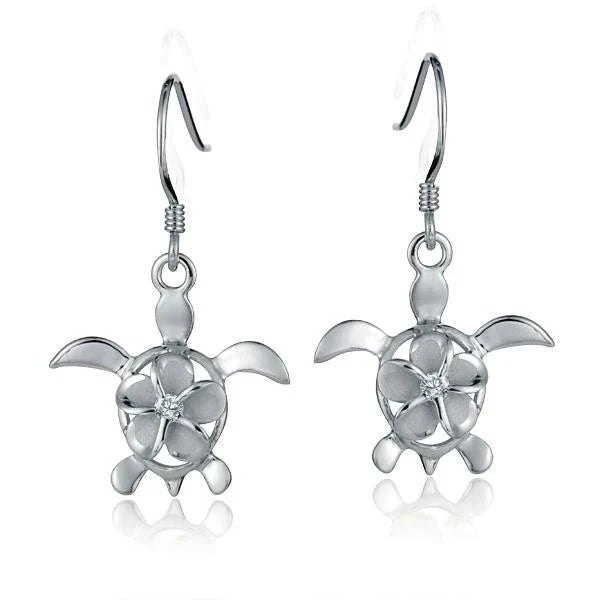 Hawaiian 925 Sterling Silver plumeria CZ Honu Rhod Hook Earring, 8mm, featuring a tropical-inspired design with sparkling.