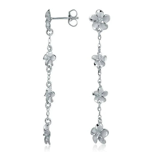 Sterling silver Plumeria CZ Rhodium-plated earrings featuring 8-6-6-8mm floral design, crafted by Ashley's Gift Shop.