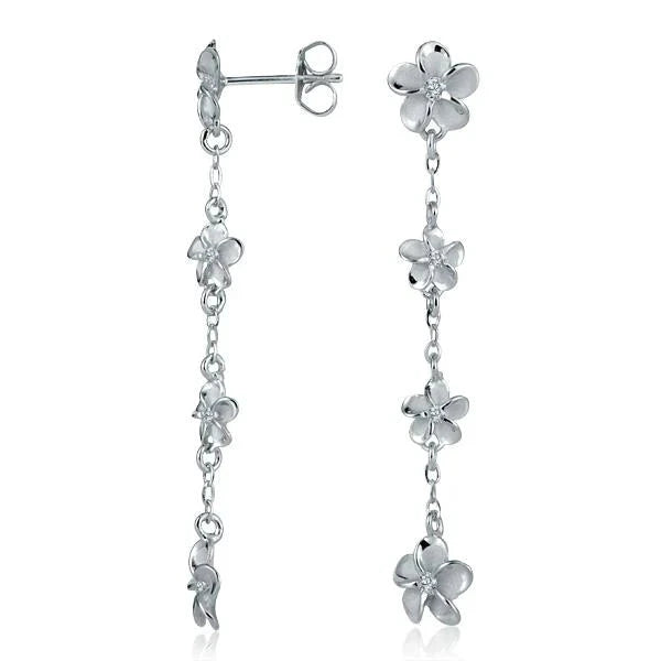 Hawaiian 925 Sterling Silver plumeria CZ rhodium-plated earrings, 8-6-6-8mm, featuring floral design and sparkling cubic.