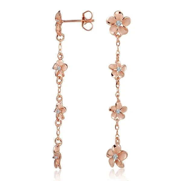 Hawaiian 925 Sterling Silver plumeria CZ PG plated earring with 8-6-6-8mm gemstones, featuring floral design and elegant.