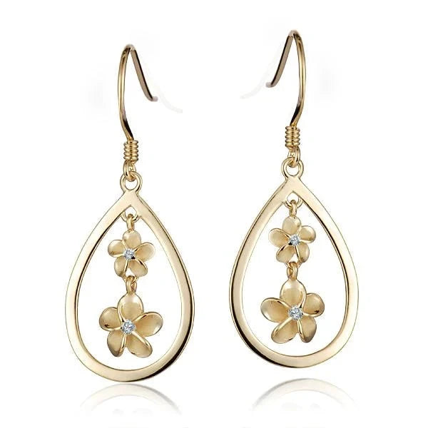 Hawaiian 925 Sterling Silver drop hook earring with 6mm and 8mm yellow gold plated accents.