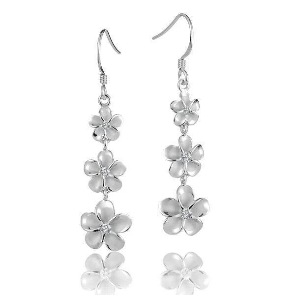 Hawaiian 925 Sterling Silver sE Rhodium CZ hook earrings in 8mm, 10mm, and 12mm sizes with sparkling cubic zirconia accents.