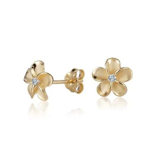 Sterling silver Plumeria CZ post earring with 8mm yellow gold rhodium finish, featuring a delicate floral design.