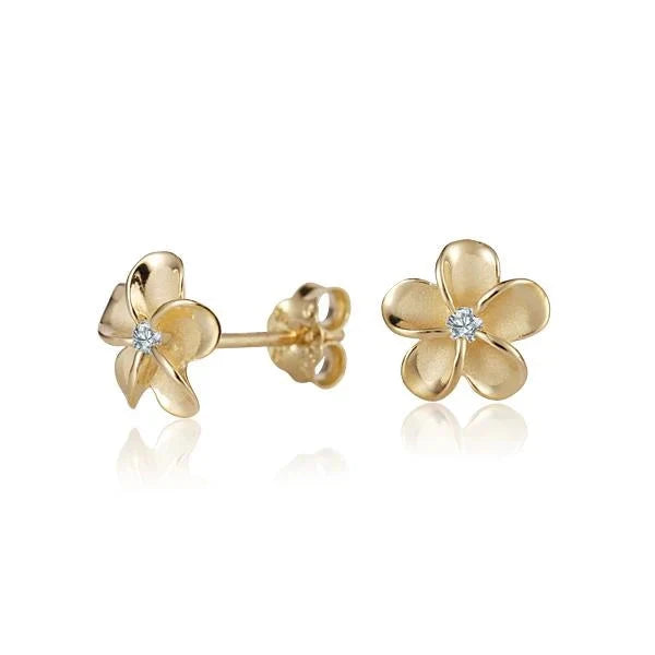 Hawaiian 925 Sterling Silver plumeria CZ yellow gold post earring, 8mm size, with intricate floral design and sparkling.
