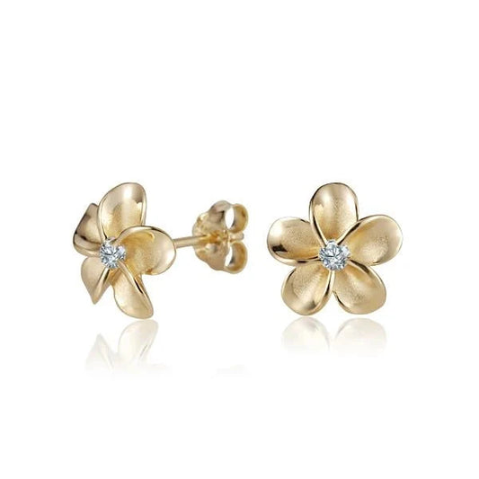 Sterling silver Plumeria CZ YG rhodium post earring, 10mm, with vibrant green cubic zirconia flower design.