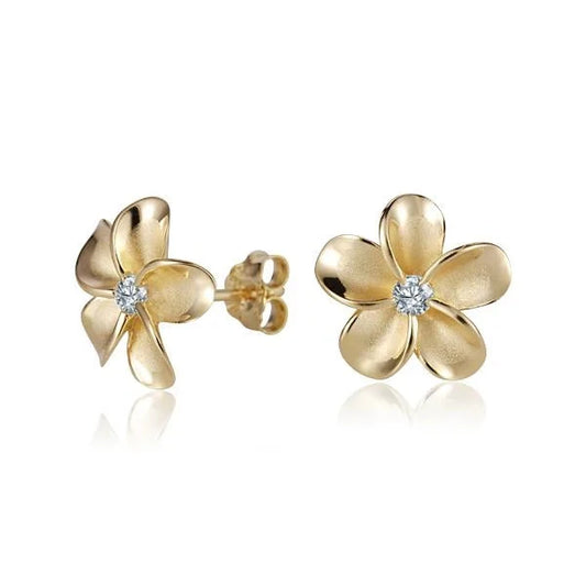 Sterling silver Plumeria CZ YG Rhodium post earring, 12mm, with yellow gold-plated accents, showcasing floral design and sparkling stones.