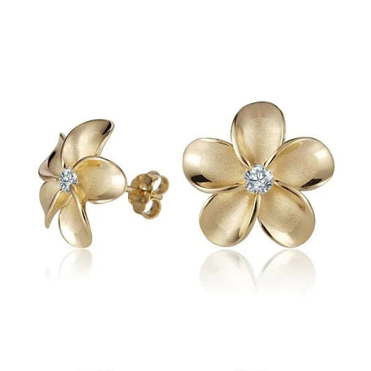 Sterling silver Plumeria CZ YG rhodium post earring, 15mm, featuring floral design with green cubic zirconia accents.