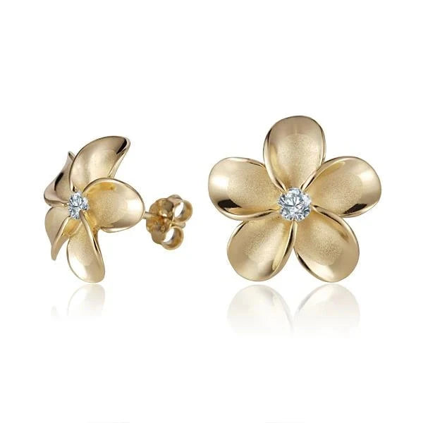 Hawaiian 925 Sterling Silver plumeria CZ YG Rhodium Post Earring, 15mm, featuring yellow gold finish and floral design.