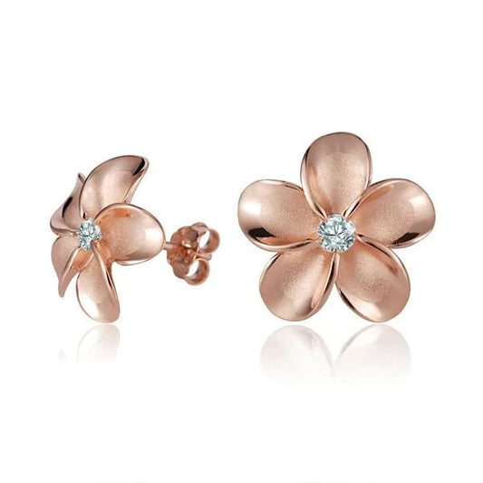 Sterling silver Plumeria CZ PG post earring featuring a 15mm floral design with rhodium plating.