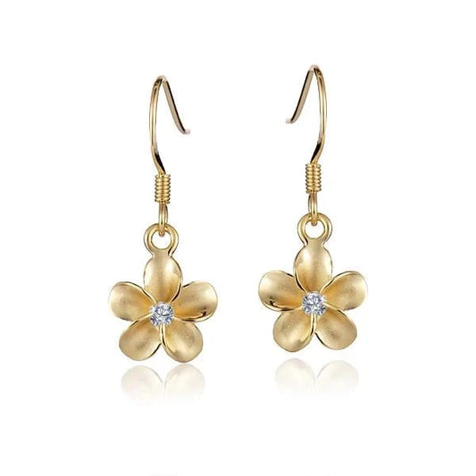 Sterling silver Plumeria CZ hook earring in yellow gold rhodium finish, 10mm size, showcasing a floral design with sparkling cubic zirconia.