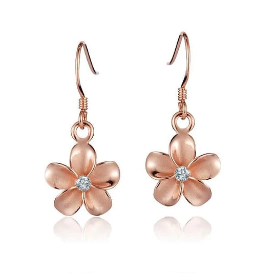 925 sterling silver Plumeria CZ PG hook earring with 12mm size, featuring rhodium plating and floral design.