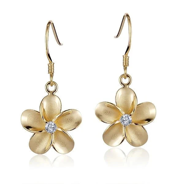 Hawaiian 925 Sterling Silver plumeria CZ YG Rhodium hook earring, 15mm, featuring floral design and sparkling yellow gold.