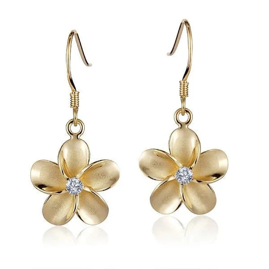 Sterling silver Plumeria CZ hook earring with yellow gold rhodium finish, 15mm length, elegant floral design.