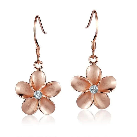 Sterling silver Plumeria CZ PG hook earring, 15mm, with rhodium finish, showcasing a floral design and sparkling cubic zirconia accents.