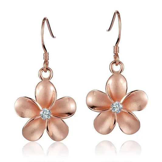 Sterling silver Plumeria CZ PG rhodium hook earring, 18mm, featuring sparkling cubic zirconia and floral design.