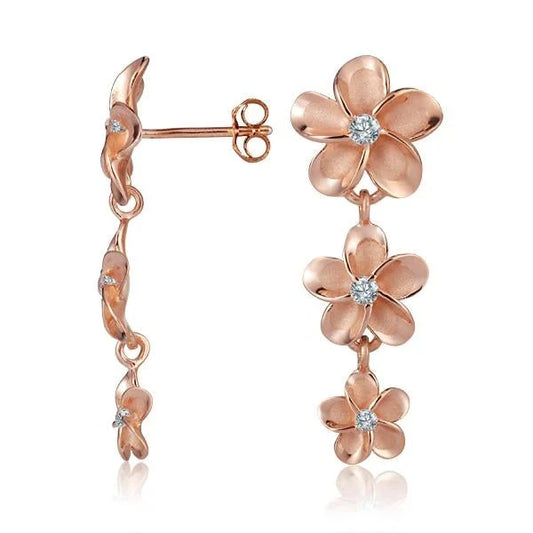 Sterling silver SE CZ earrings in 12mm, 10mm, and 8mm sizes with rose gold plating, featuring sparkling cubic zirconia stones.