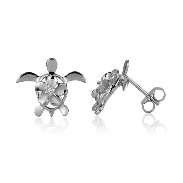 Hawaiian 925 Sterling Silver honu Plumeria Rhodium Post Earring featuring intricate turtle and flower design.