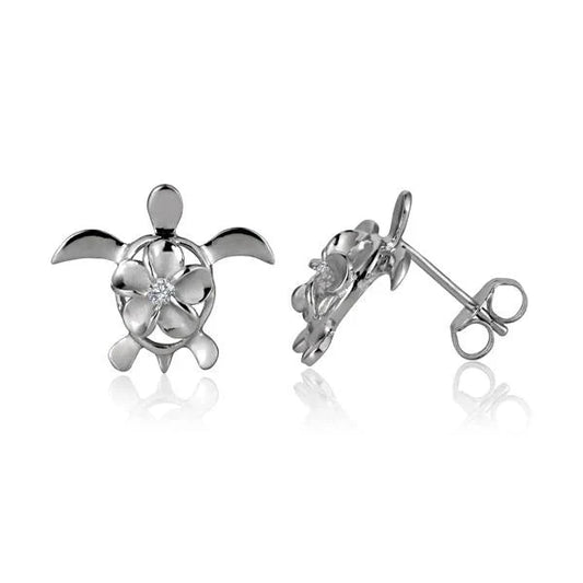 Sterling silver Honu Plumeria Rhodium post earring featuring a tropical floral design, perfect for elegant jewelry styling.