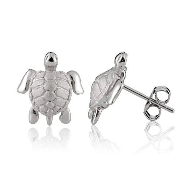 Hawaiian 925 Sterling Silver turtle rhodium post earring featuring detailed turtle design.