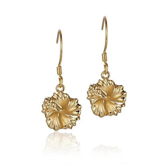 Sterling silver Hibiscus YG plated hook earring with 10mm floral design, crafted in 925 silver.