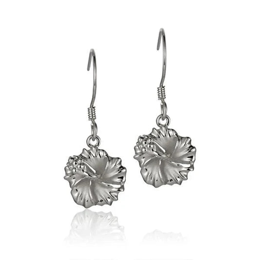 Sterling silver Hibiscus Rhodium Hook Earring, 10mm, featuring a detailed floral design in 925 silver style.