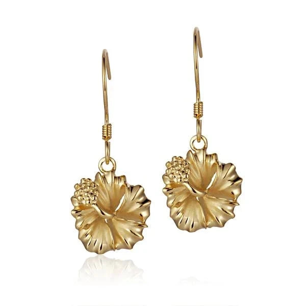 Hawaiian 925 Sterling Silver hibiscus YG plated hook earring, 12mm, with detailed floral design.