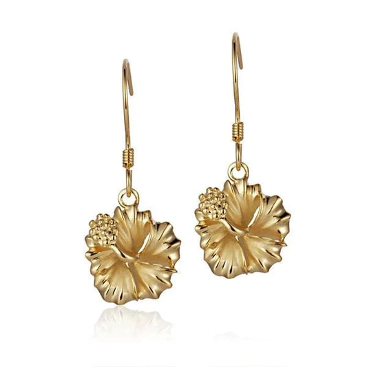 Sterling silver hibiscus YG plated hook earring, 12mm size, featuring floral design for elegant women's jewelry.