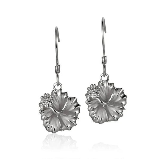 Sterling silver Hibiscus Rhodium Hook Earring, 12mm, featuring a detailed floral design with a shiny rhodium finish.