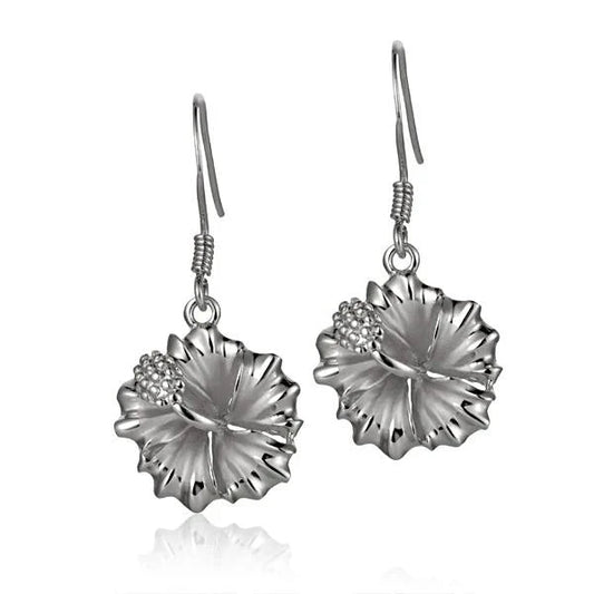 Sterling silver Hibiscus Rhodium Hook Earring, 15mm, featuring a detailed floral design and secure hook closure.