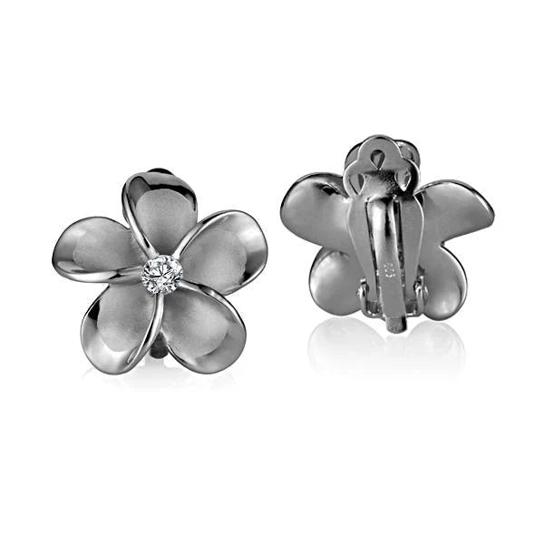 Hawaiian 925 Sterling Silver rhodium Clip Earring with cubic zirconia, 20mm, featuring sparkling stones and a secure clip-.