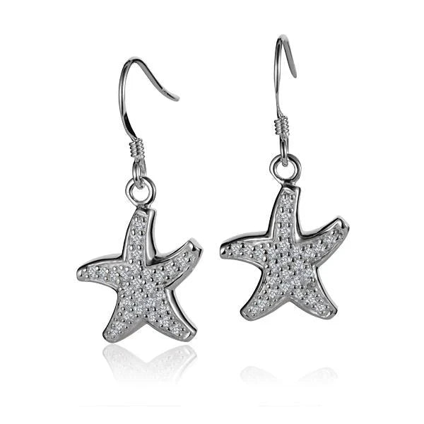 Hawaiian 925 Sterling Silver starfish CZ hook earring with sparkling stones.