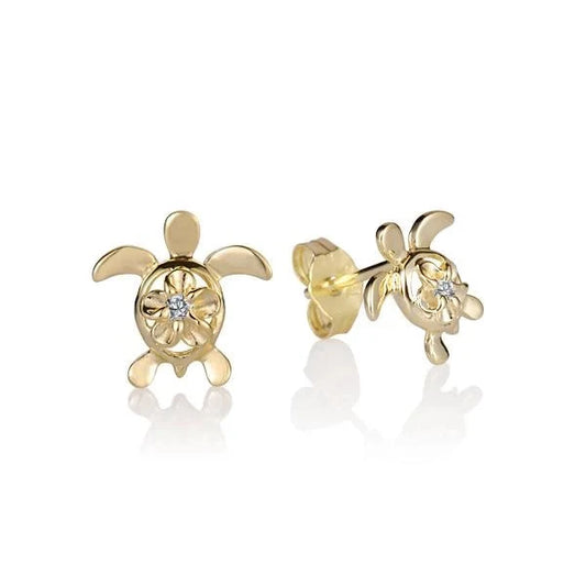 Sterling silver Plumeria in Honu YG plated earring featuring a 4mm flower design, crafted by Ashley's Gift Shop.
