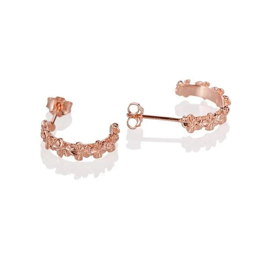 Sterling silver H/P Plumeria PG plated half moon earrings in a delicate design, showcasing Ashley's Gift Shop jewelry.