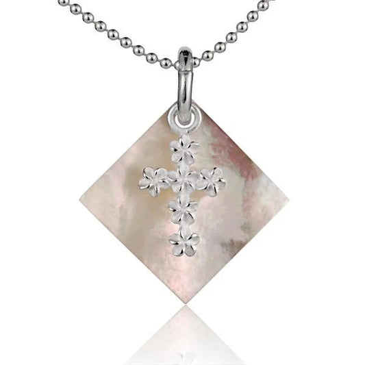 Sterling silver Shell Cross Plumeria pendant with floral design, crafted by Ashley's Gift Shop.
