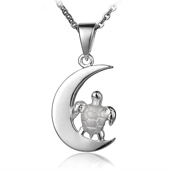 Hawaiian 925 Sterling Silver shiny sterling silver Moon Turtle pendant with crest design, crafted from 925 silver.