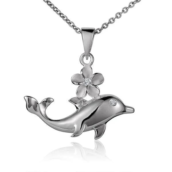 Hawaiian 925 Sterling Silver shiny sterling silver dolphin charm with an 8mm flower pendant, featuring detailed.